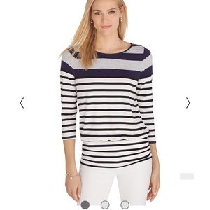 White House Black Market 3/4 Sleeve Stripe Blouson Top White Black Blue Small